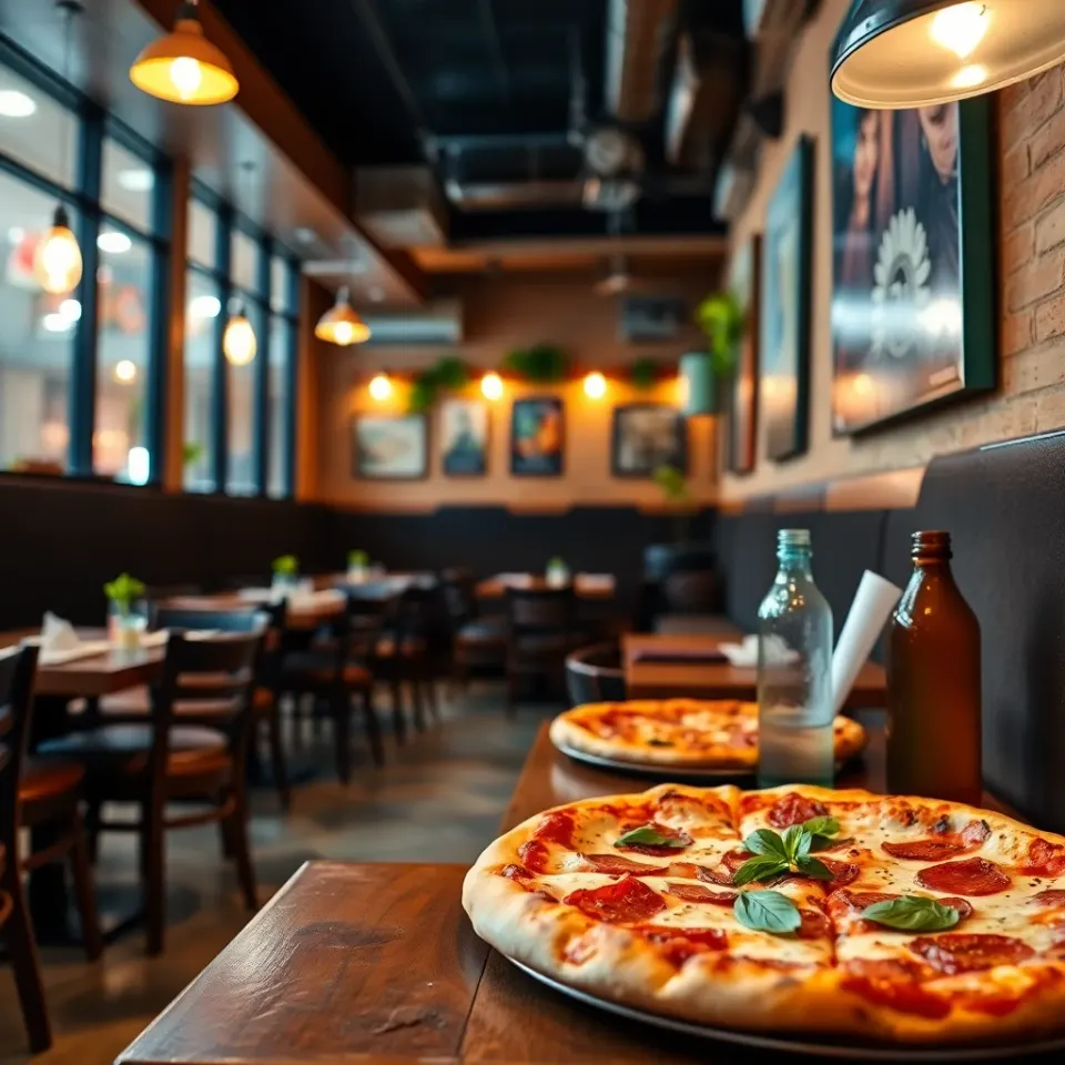 FireCrust Pizza House wood-fired stone oven with roaring orange flames and a pizza being slid in on a long peel